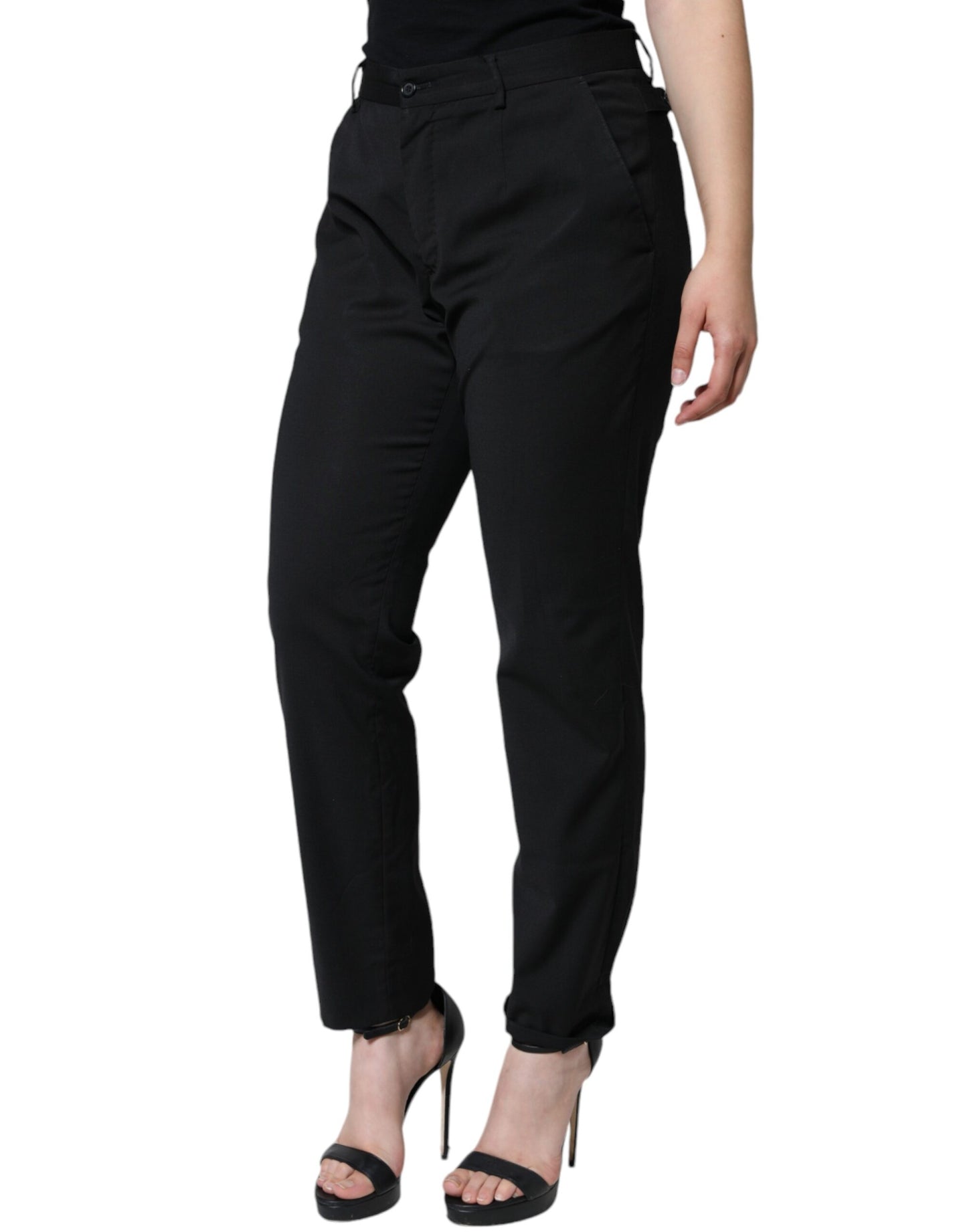 Black Polyester High Waist Tapered Pants