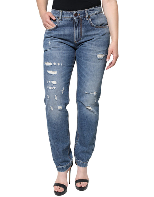 Blue Cotton Tattered Boyfriend Denim Jeans