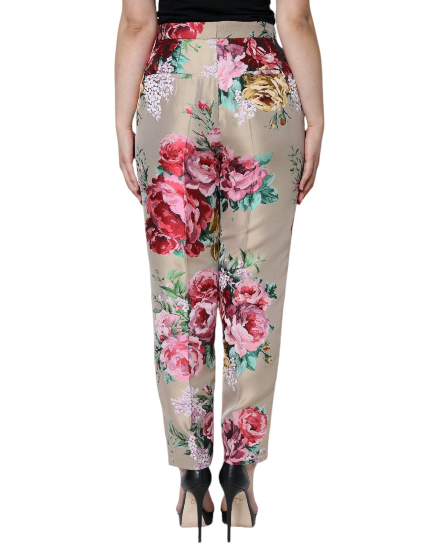 Beige Floral Jacquard High Waist Tapered Pants