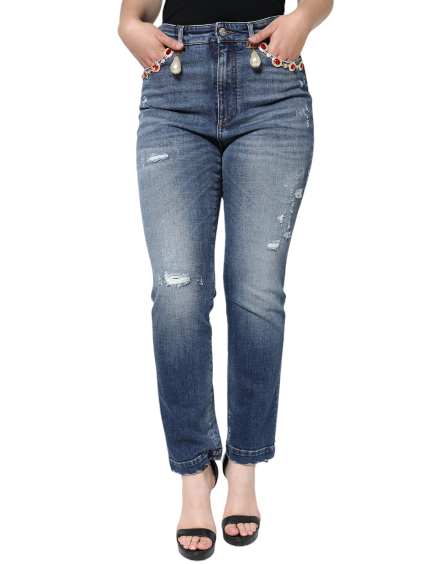 Dark Blue Cotton Tattered Skinny Denim Jeans