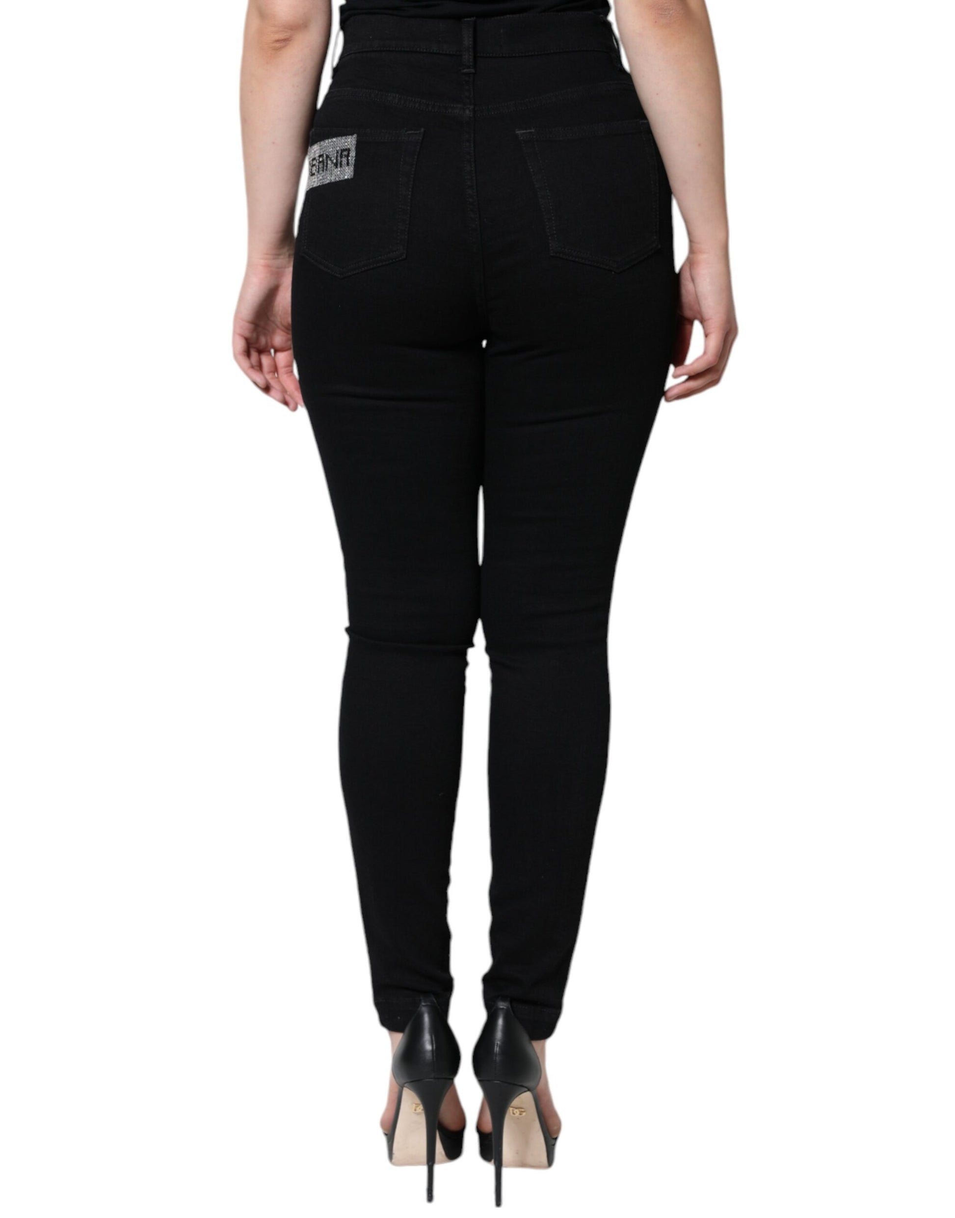 Black Logo Mid Waist Skinny Denim Jeans