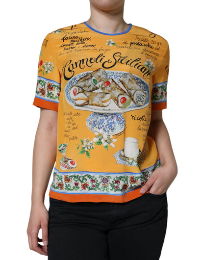 Orange Silk Cannoli Siciliana Print Short Sleeves Top