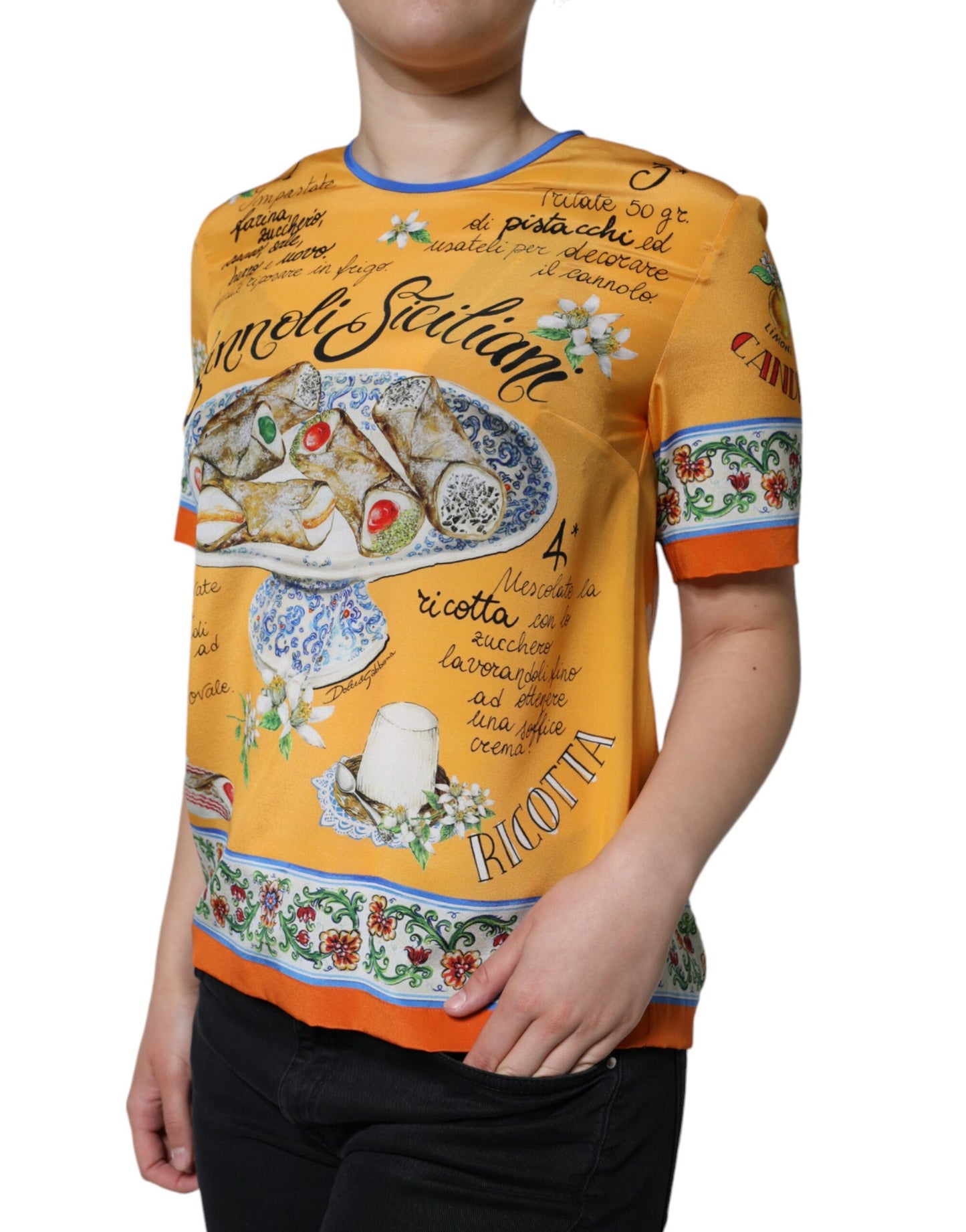 Orange Silk Cannoli Siciliana Print Short Sleeves Top