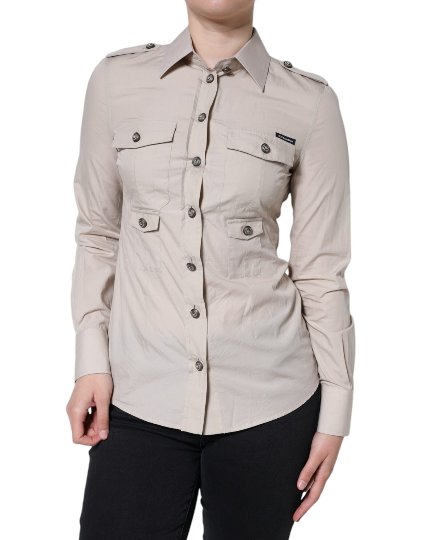 Beige Cotton Collared Button Down Shirt Top