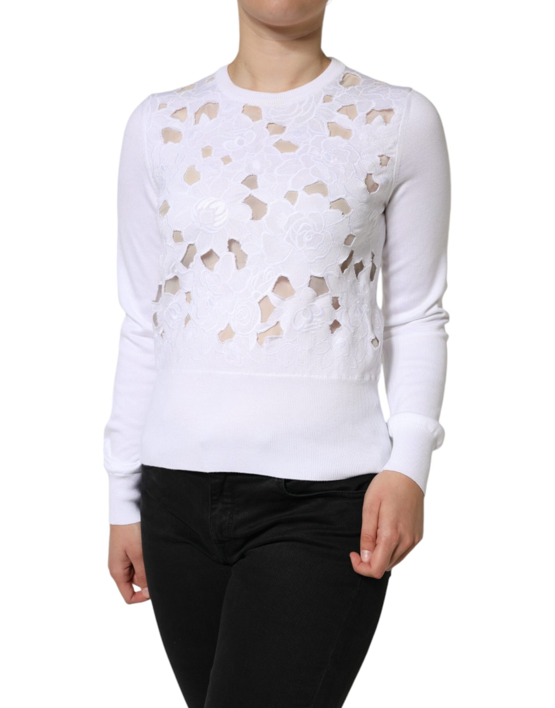 White Lace Cut Out Long Sleeves Pullover Sweater