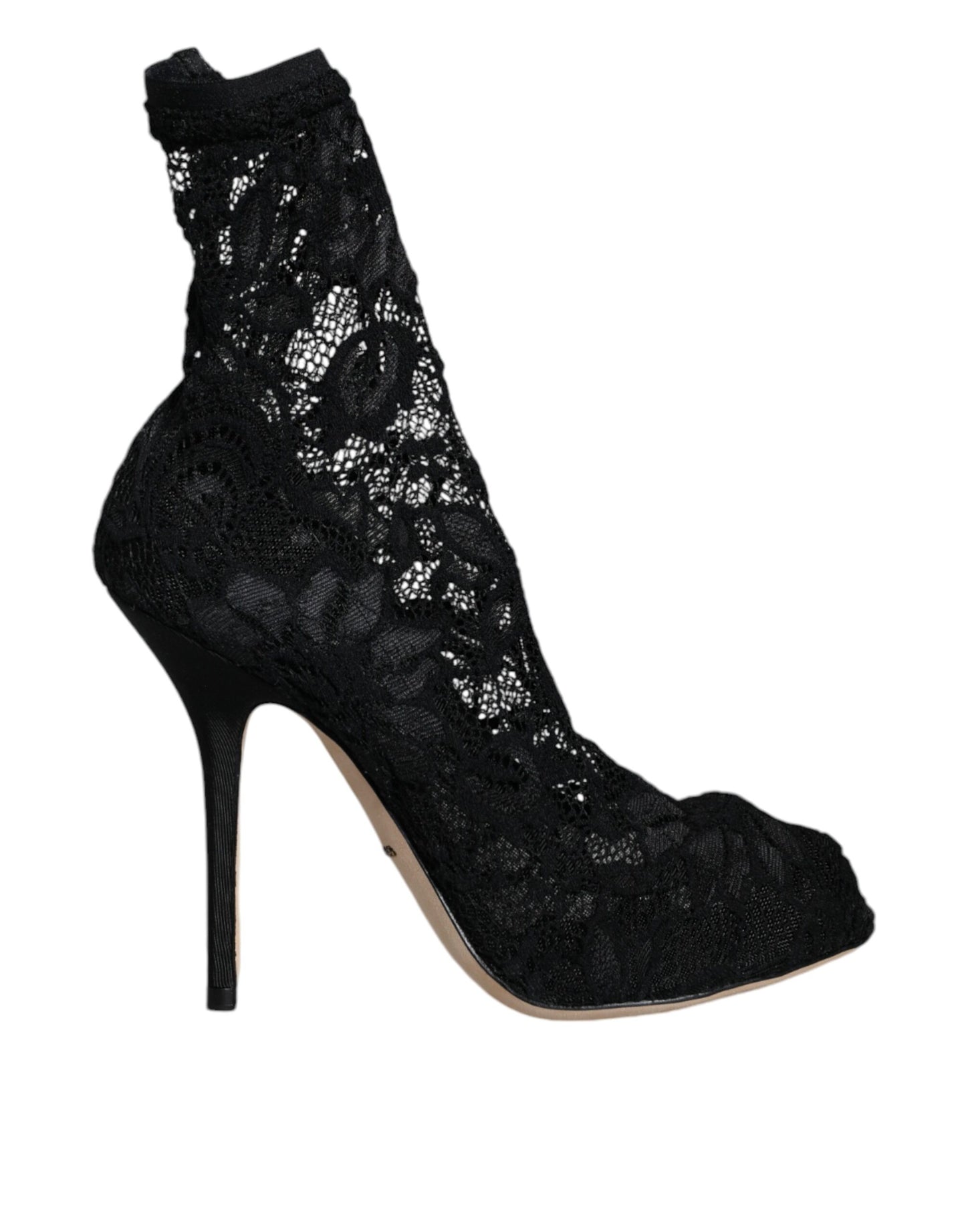 Black Lace Stretch Heels Mid Calf Boot Shoes