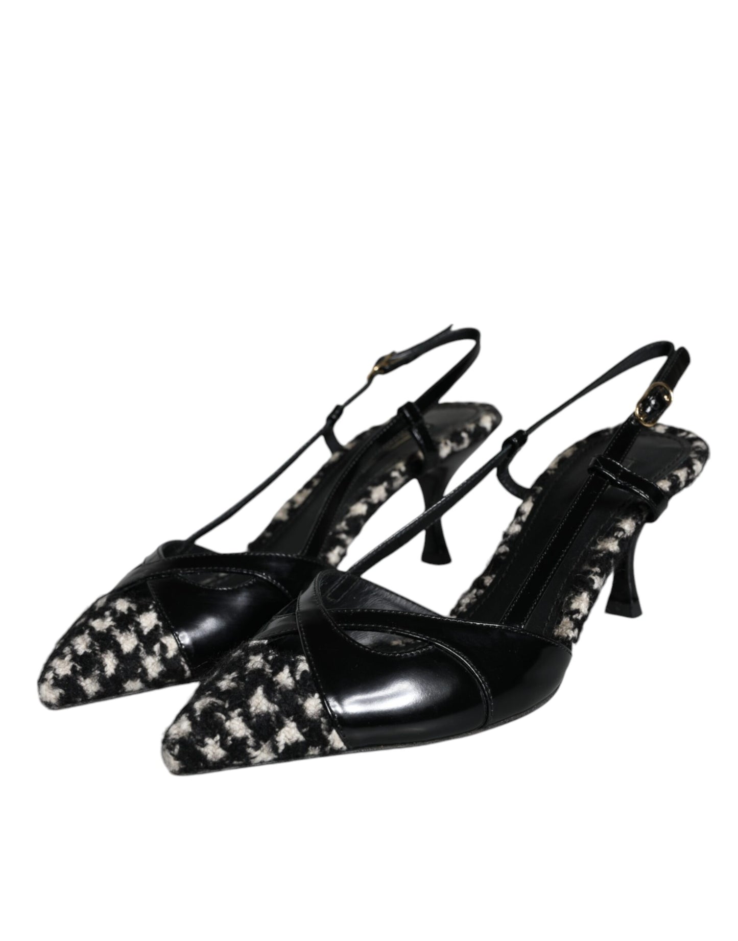 Black Leather Houndstooth Slingback Shoes