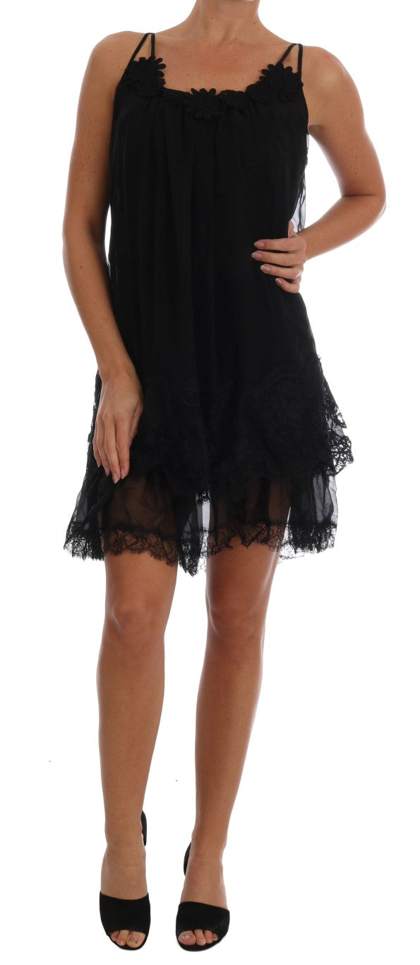 Elegant Black Silk Lace Chemise Dress