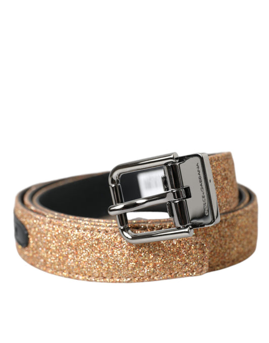 Dolce & Gabbana Gold Glitter Leather Silver Metal Buckle Belt