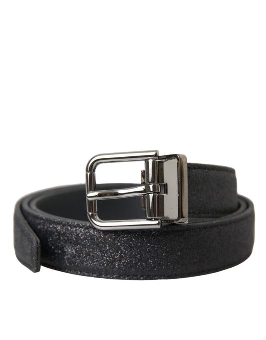 Dolce & Gabbana Black Glittered Leather Silver Buckle Belt