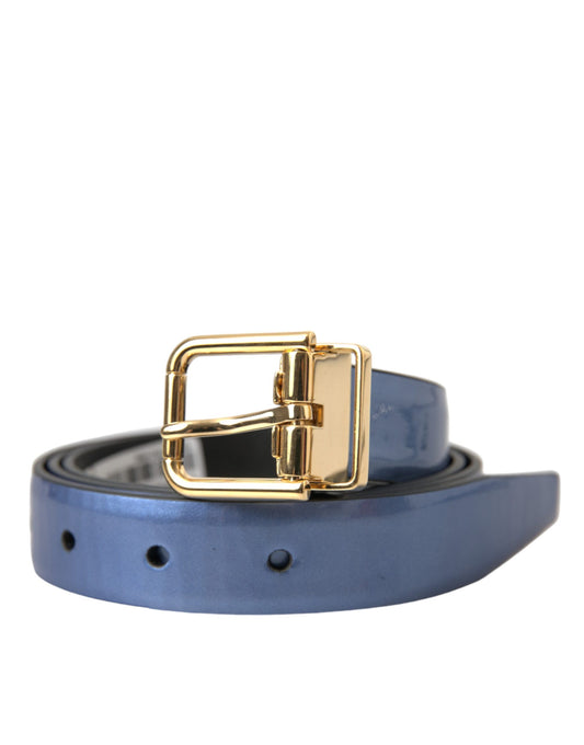 Dolce & Gabbana Metallic Blue Leather Gold Metal Buckle Belt