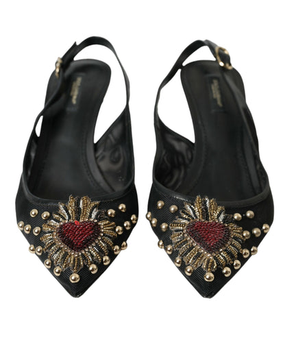 Dolce & Gabbana Black Mesh Embellished Heel Slingbacks Shoes