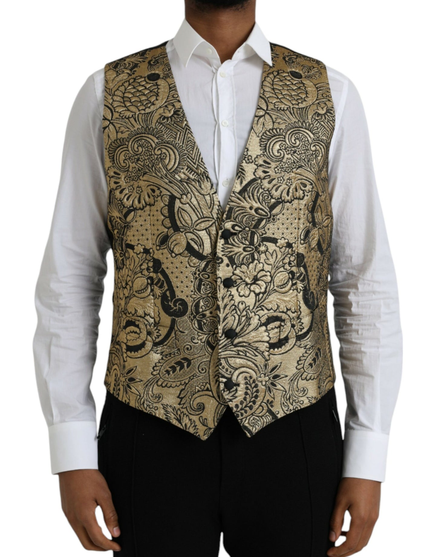 Dolce & Gabbana Gold Floral Jacquard Waistcoat Formal Vest