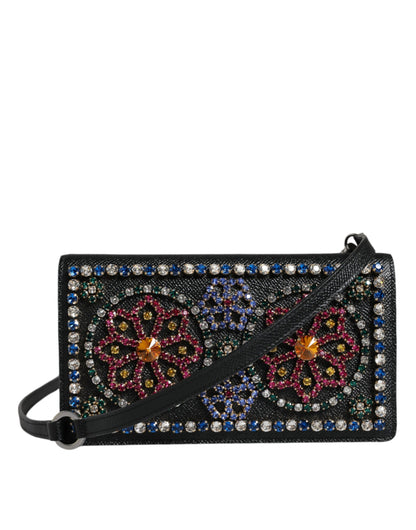 Black Leather Crystal Shoulder Crossbody Clutch Bag