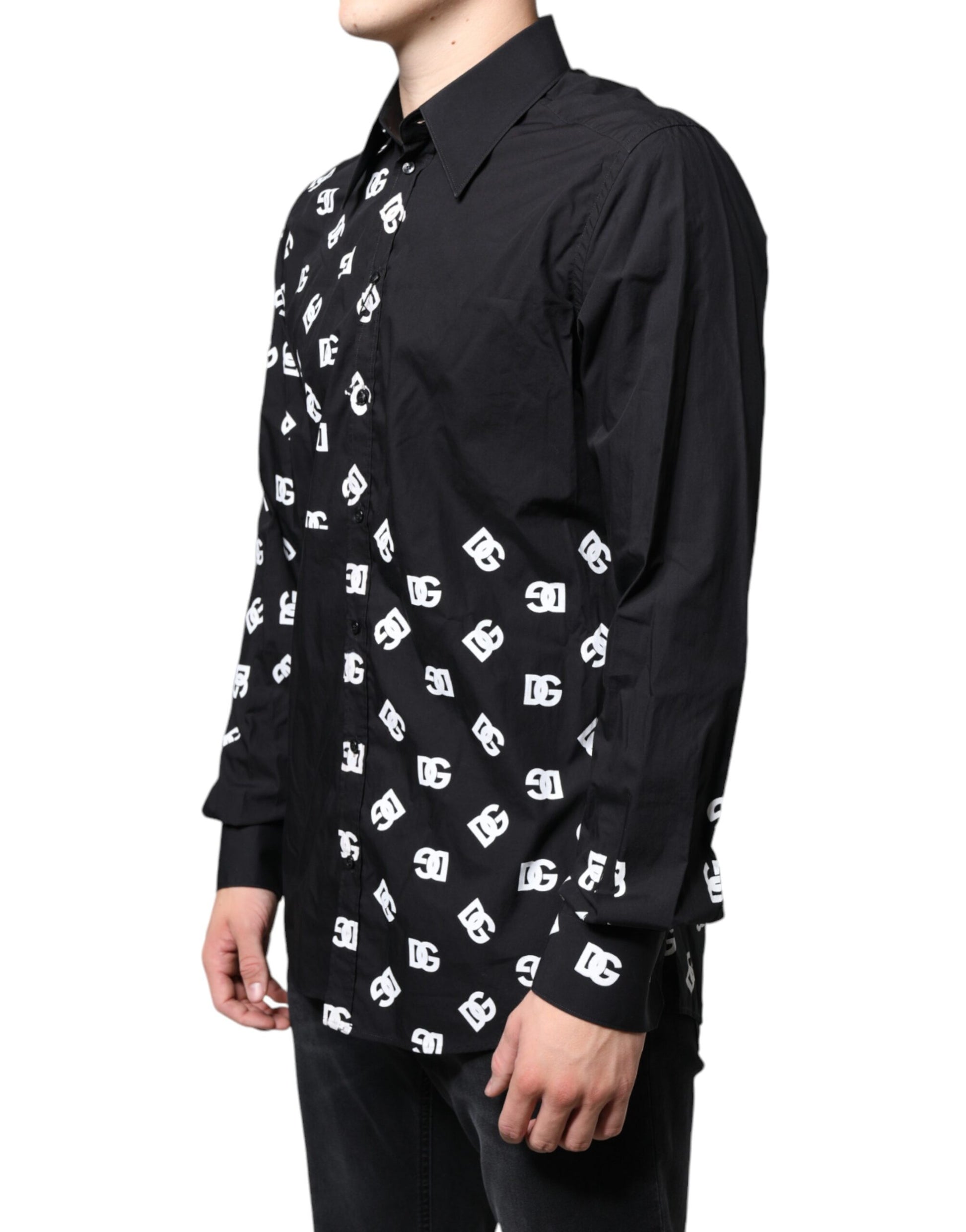 Black DG Logo Print Slim Fit Cotton Shirt