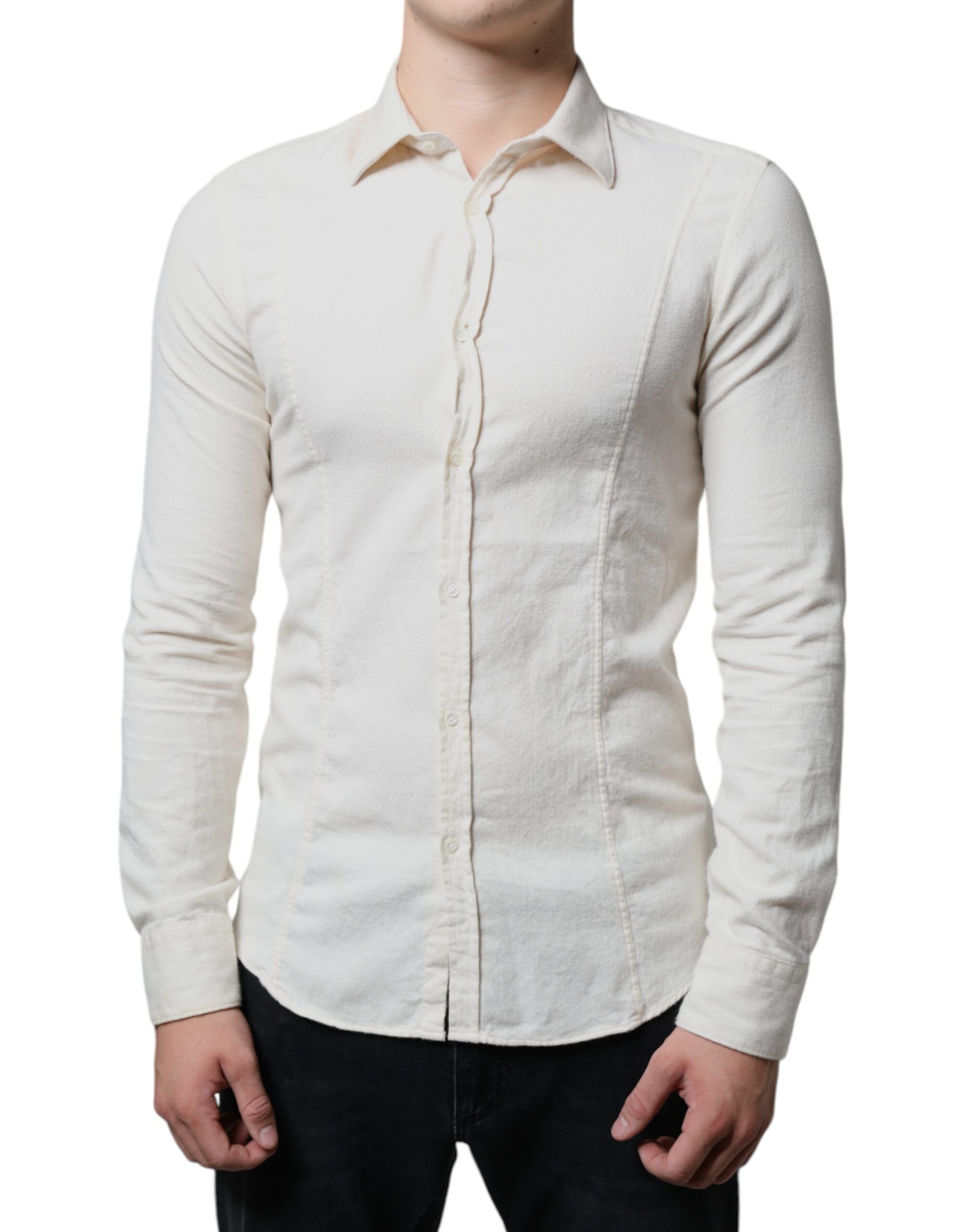 Off White Cotton Collared Men Formal Dress Shirt