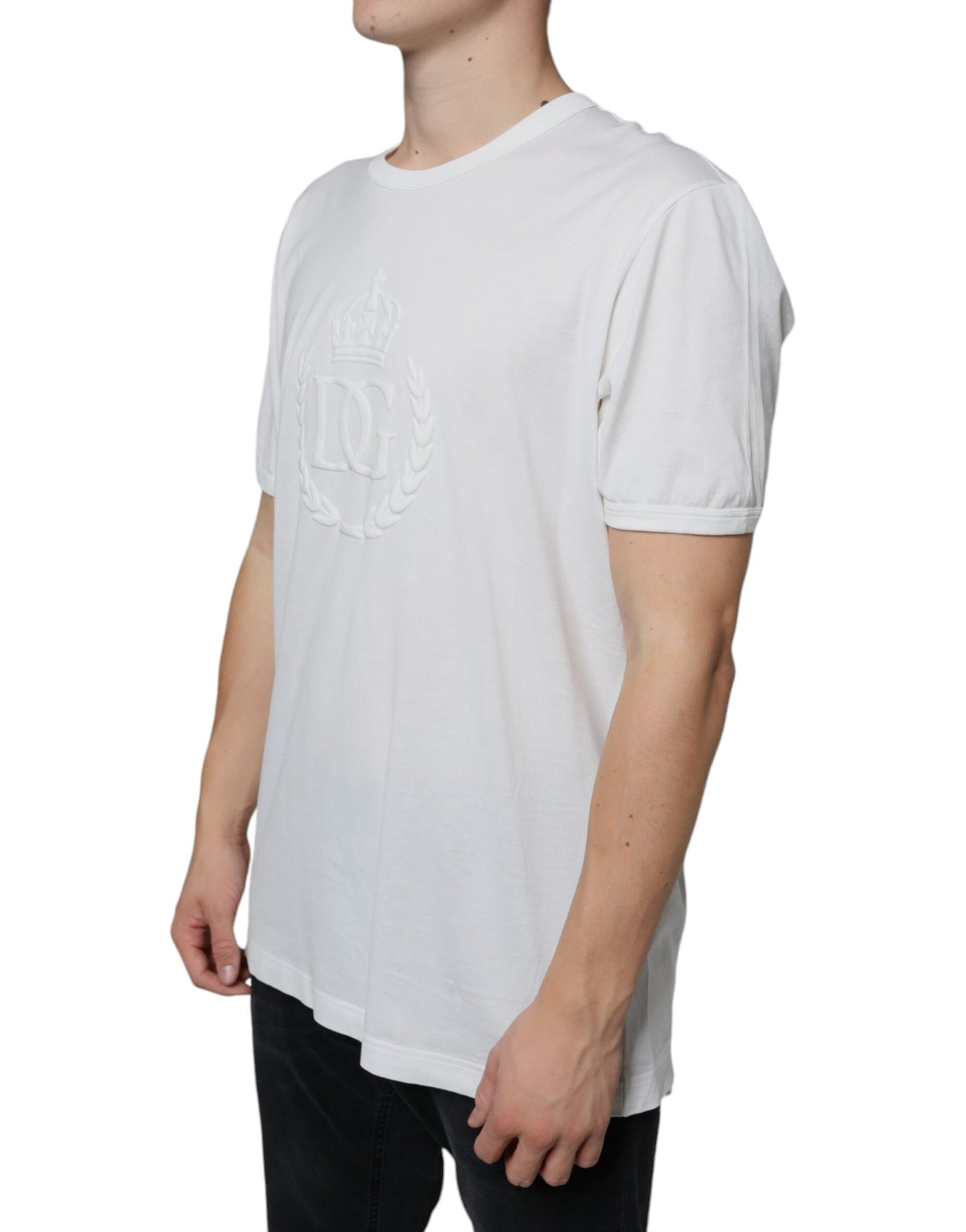 White Logo Embossed Cotton Crewneck T-shirt