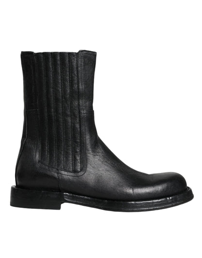 Black Horse Leather Mid Calf Boots Shoes