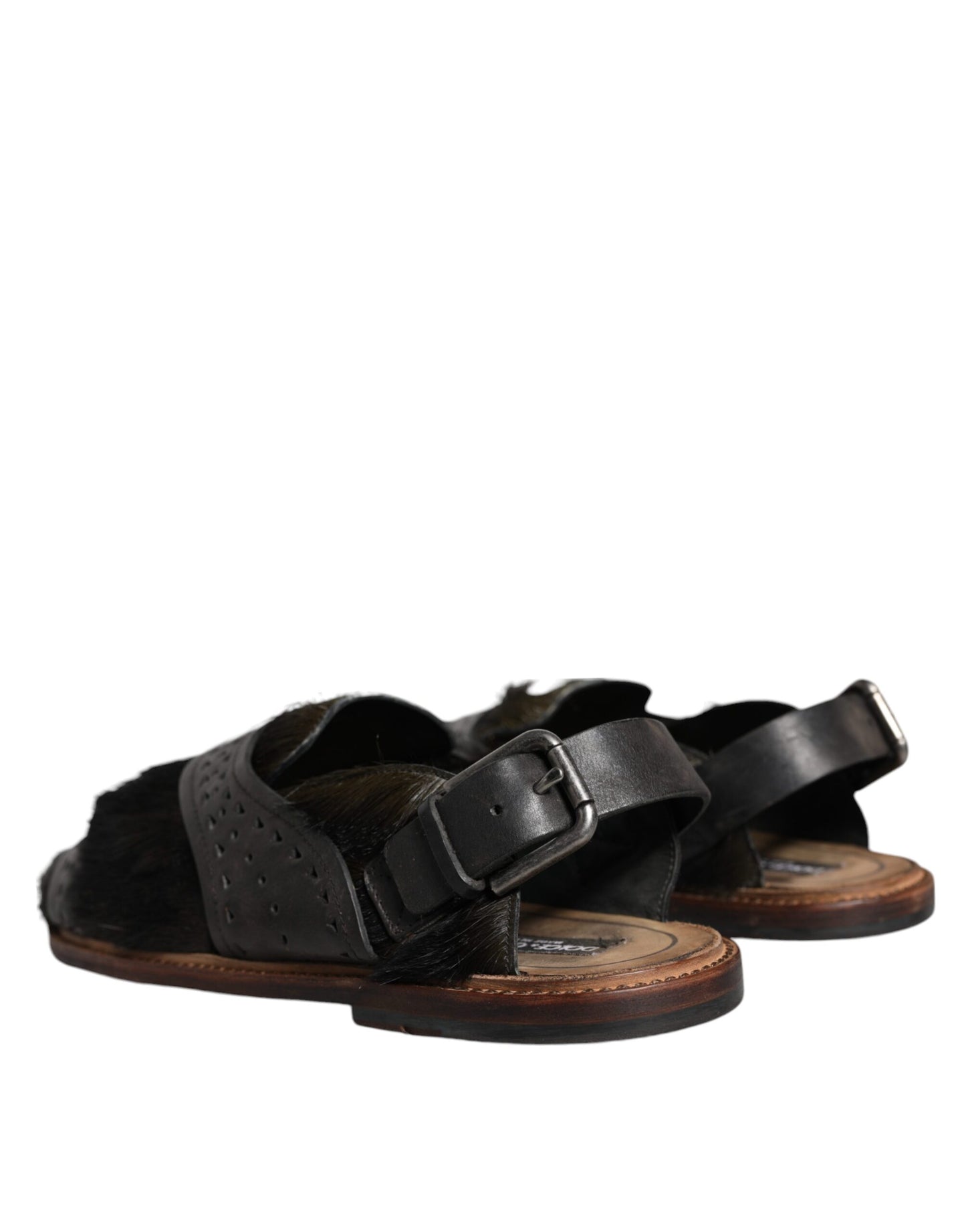 Black Gazelle Hair Leather Flats Sandals Shoes