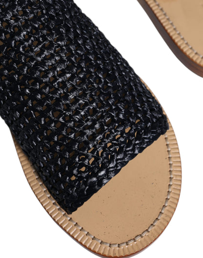 Black Monochrome Braided Raffia Slides Shoes