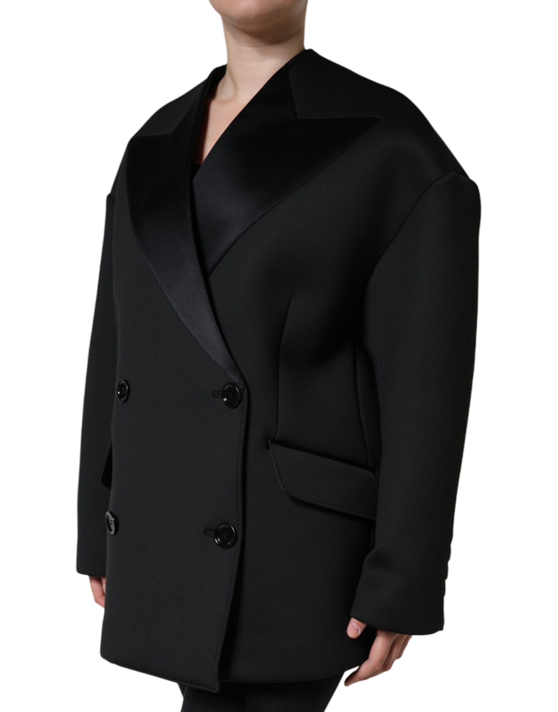 Black Polyester Double Breasted Coat Jacket