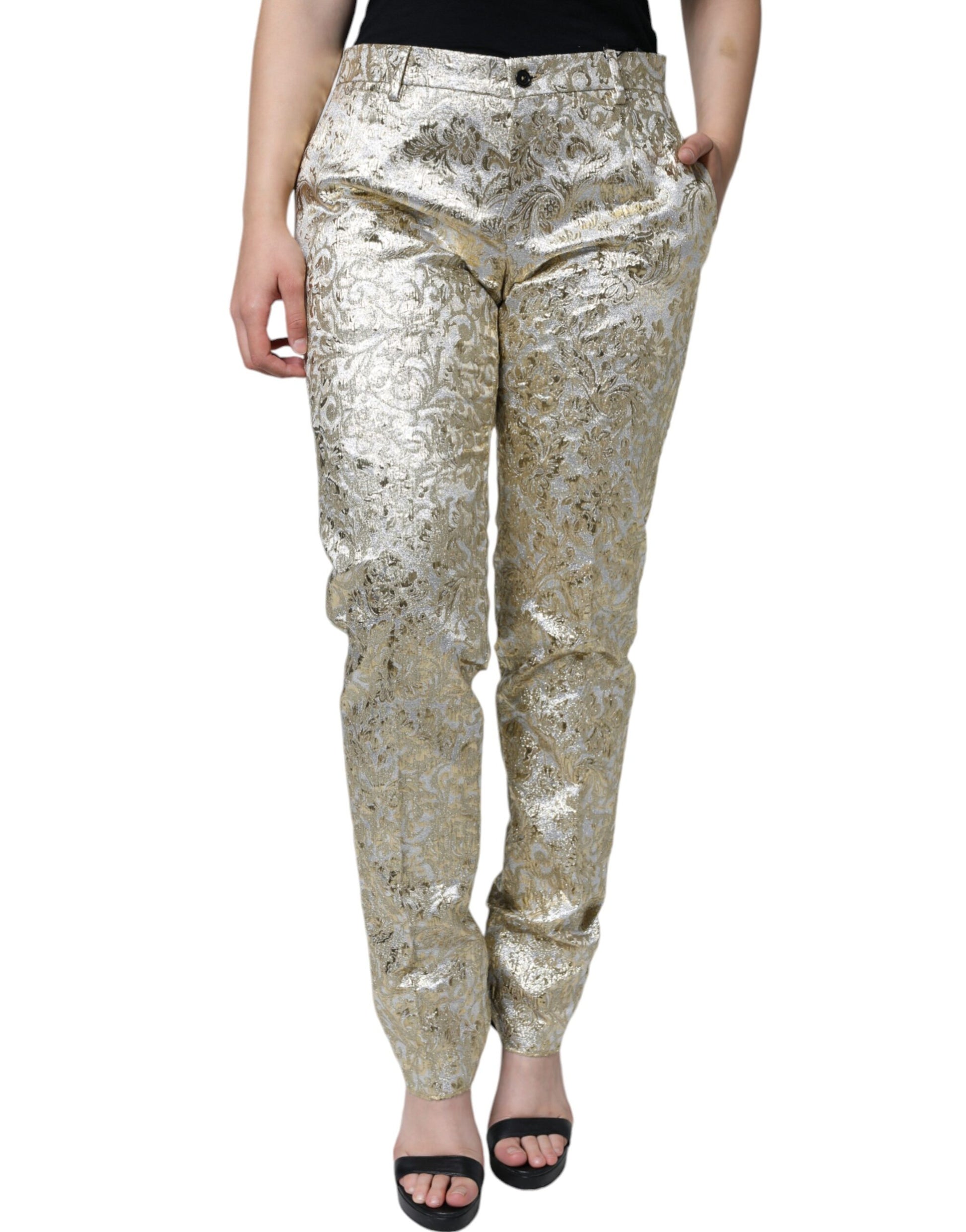 Gold Cotton Floral Jacquard Tapered Pants