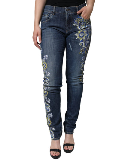 Blue Floral Cotton Stretch Skinny Denim Jeans