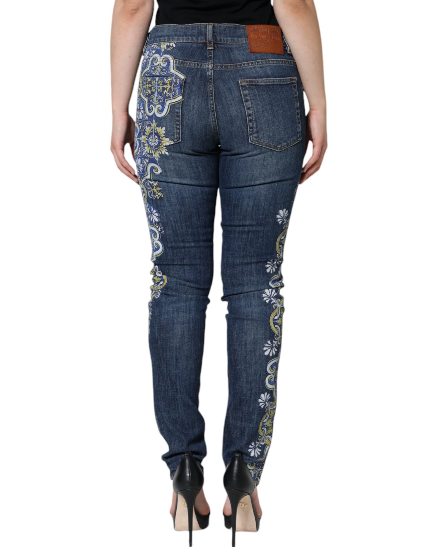 Blue Floral Cotton Stretch Skinny Denim Jeans