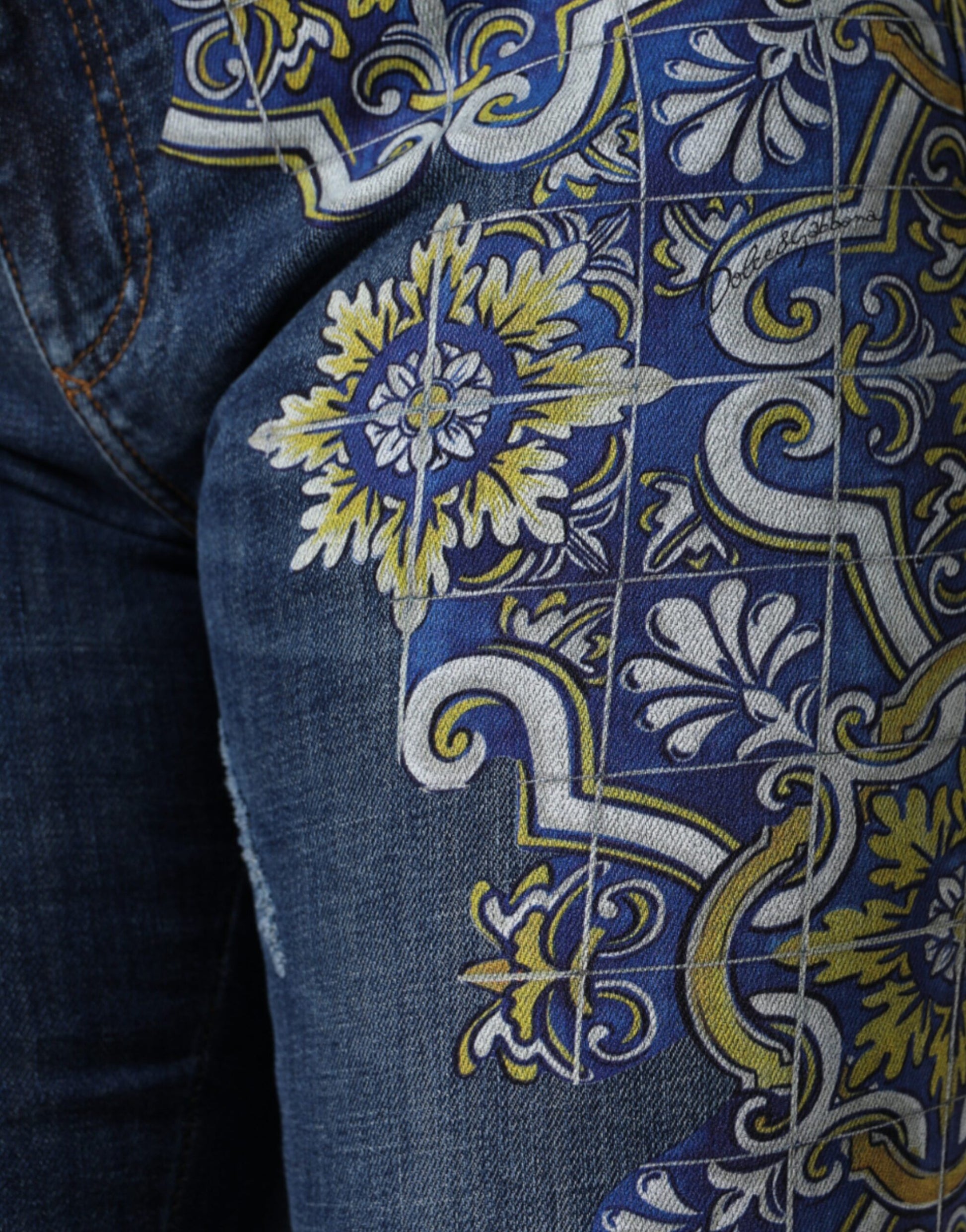 Blue Floral Cotton Stretch Skinny Denim Jeans