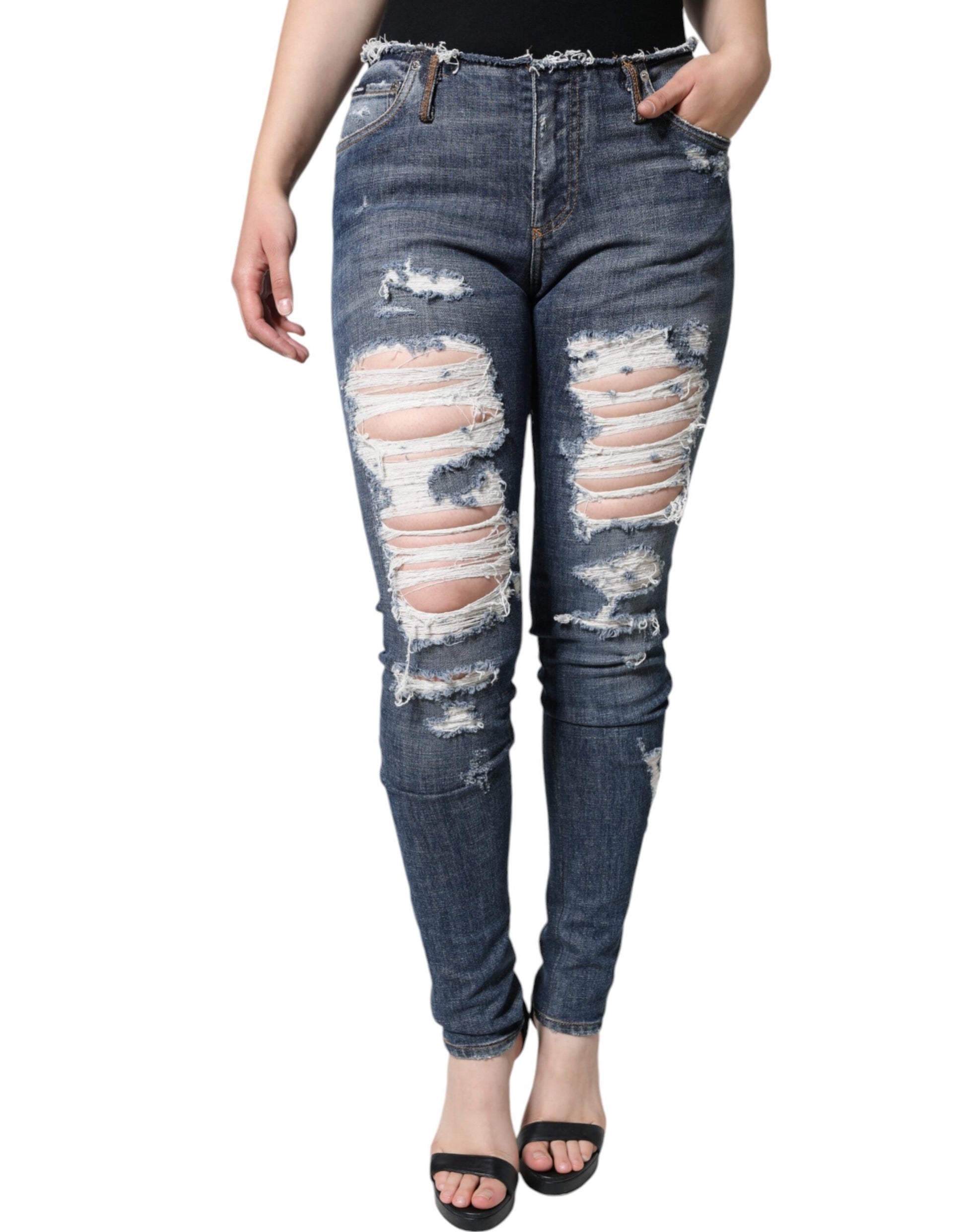 Blue Cotton Stretch Tattered Skinny Jeans