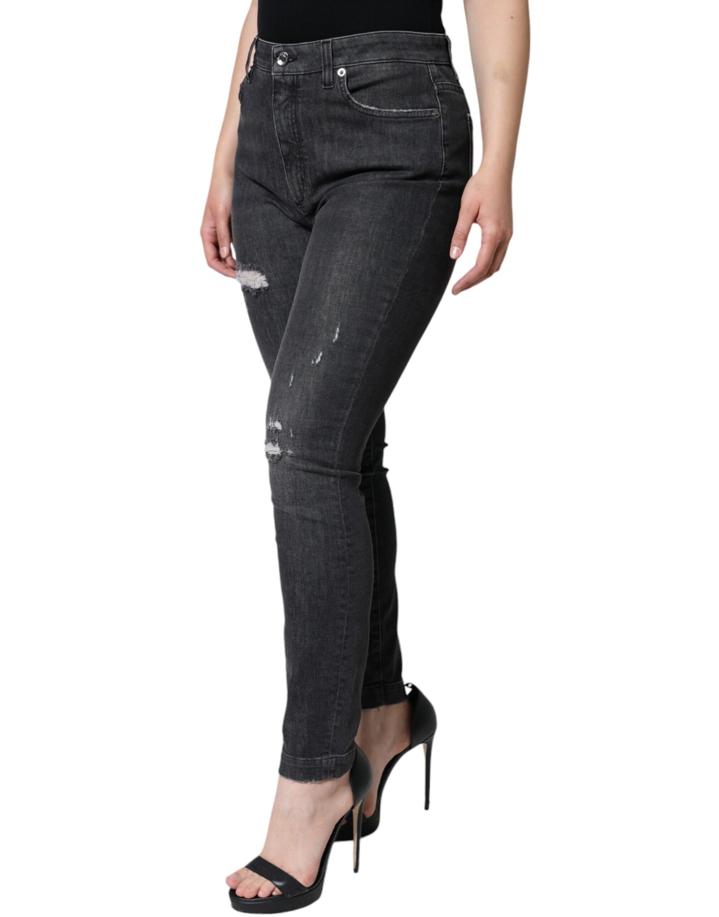 Black Cotton Stretch Tattered Skinny Jeans