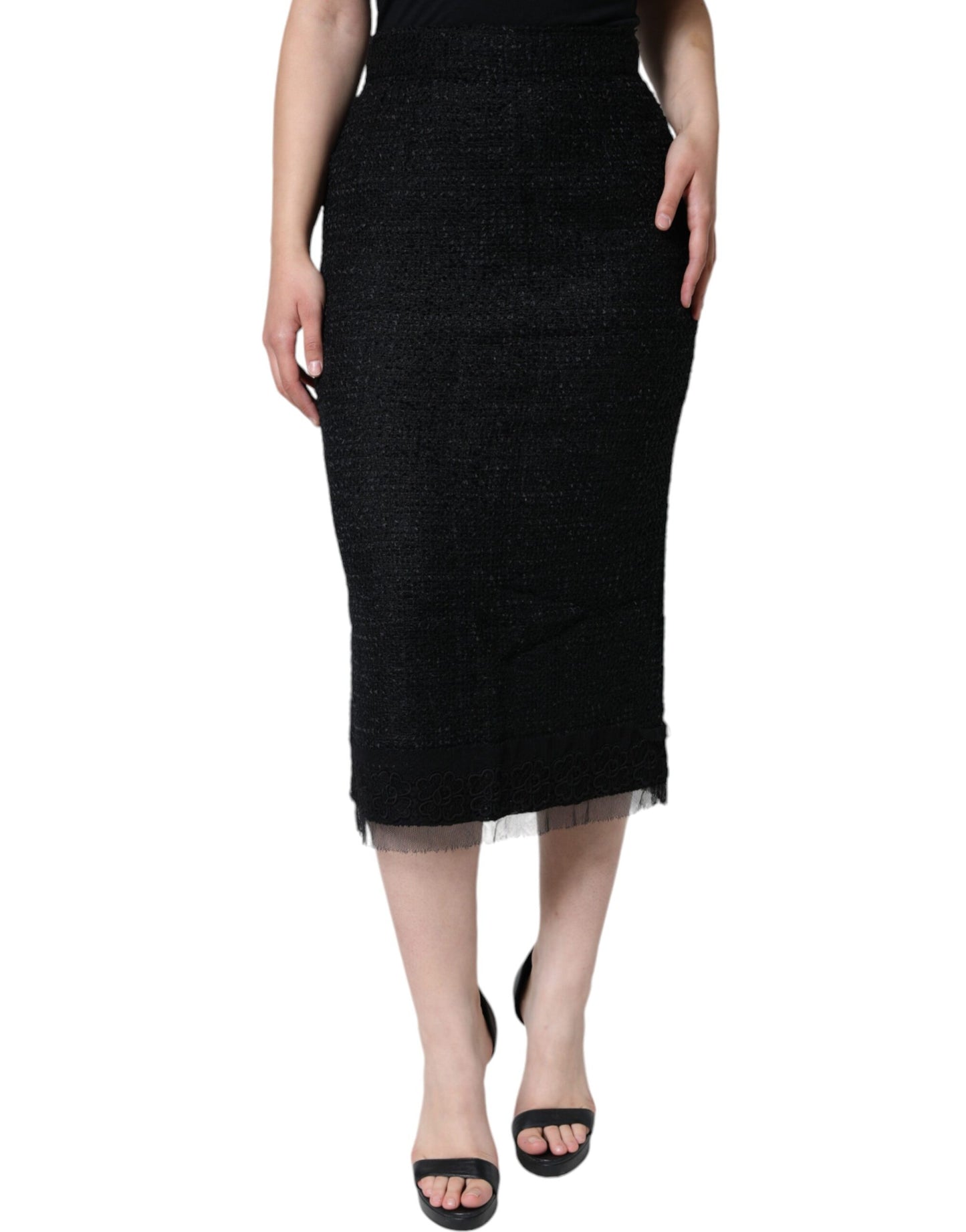 Black Virgin Wool Pencil Cut Midi Skirt