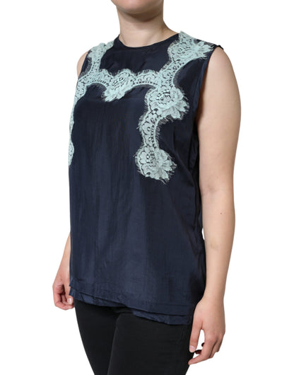 Blue Floral Lace Silk Sleeveless Tank Top