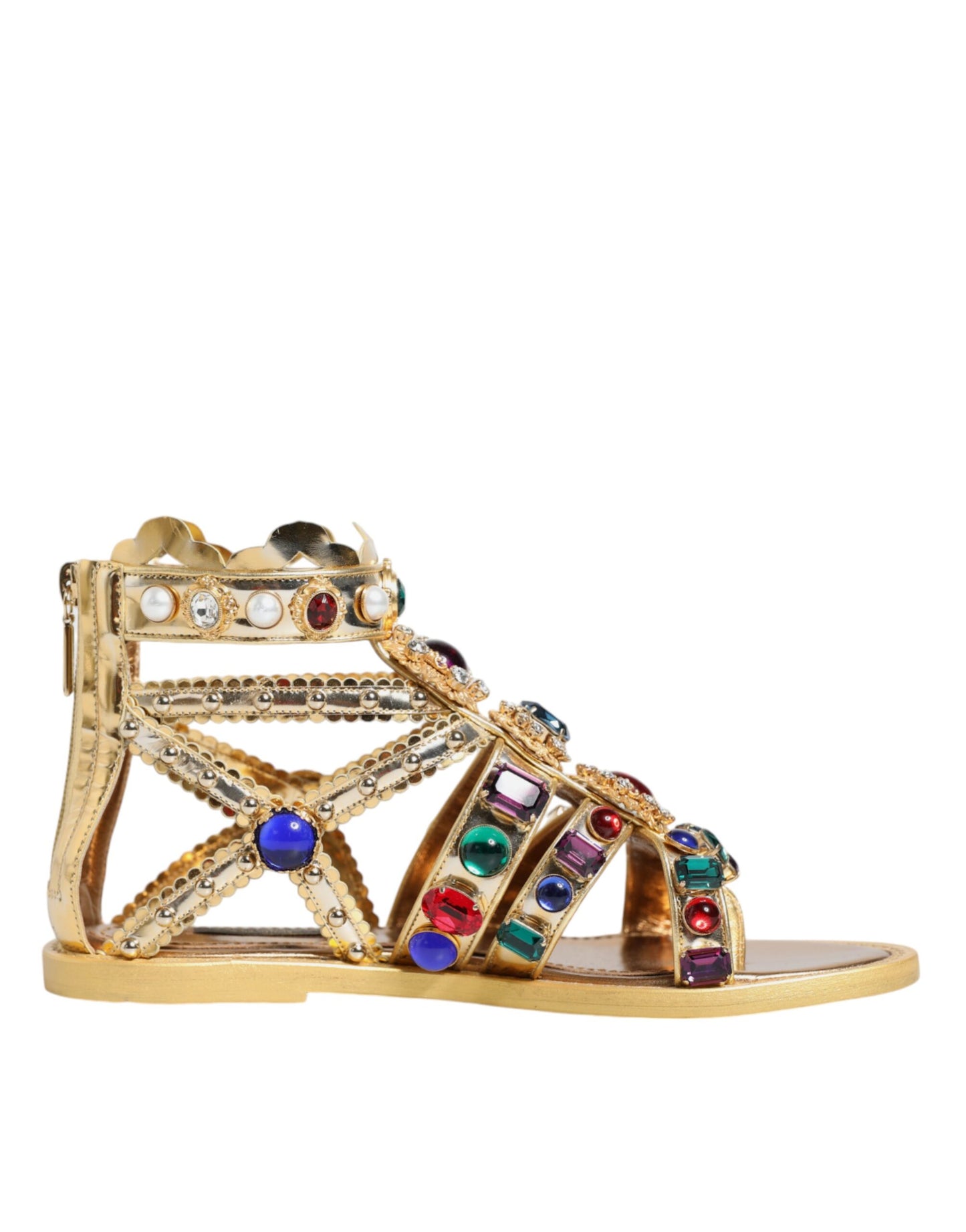 Gold Leather Crystal Gladiator Sandals Flats Shoes