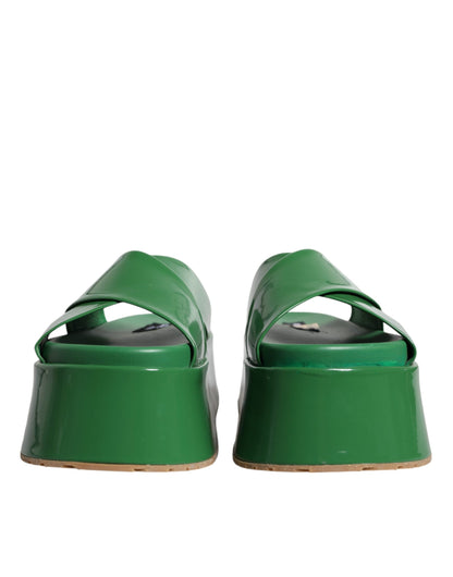 Green Leather Wedge Slides Sandals Shoes