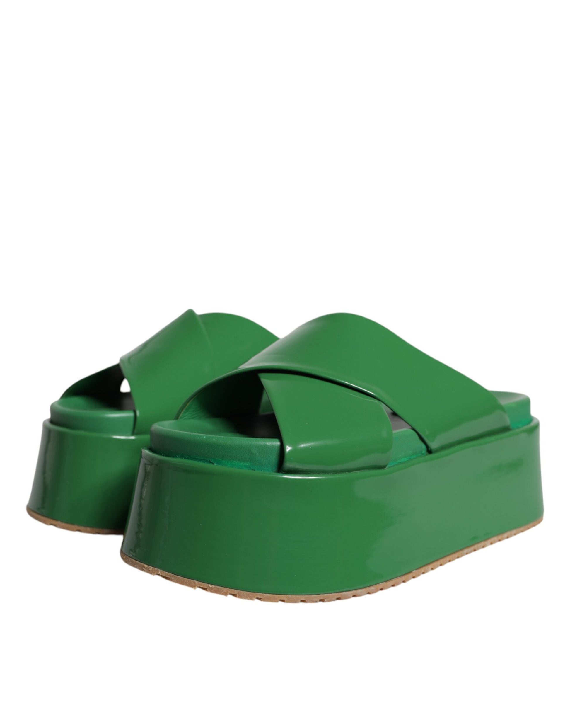 Green Leather Wedge Slides Sandals Shoes