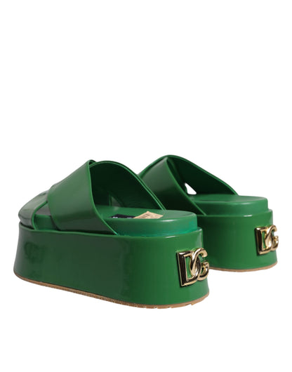 Green Leather Wedge Slides Sandals Shoes