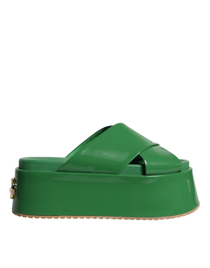 Green Leather Wedge Slides Sandals Shoes