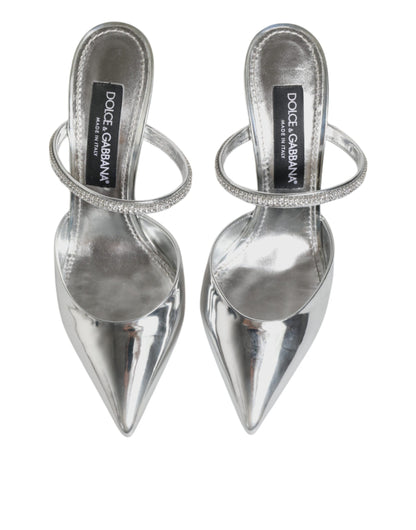 Silver Leather Slip On Heels Sandals Shoes