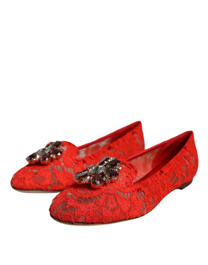 Red Lace Crystal Ballet Flats Loafers Shoes