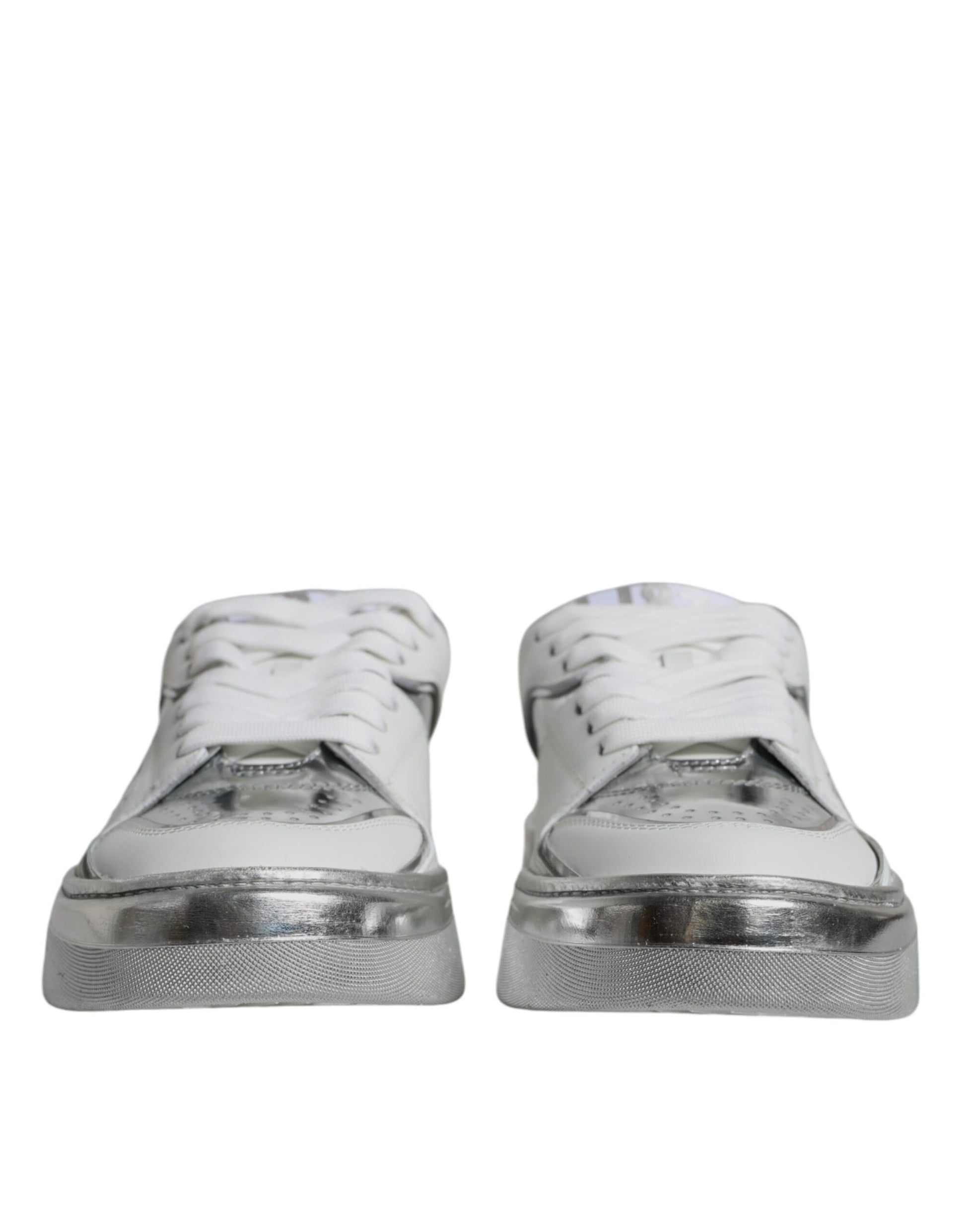 White Silver Leather Low Top Sneakers Shoes