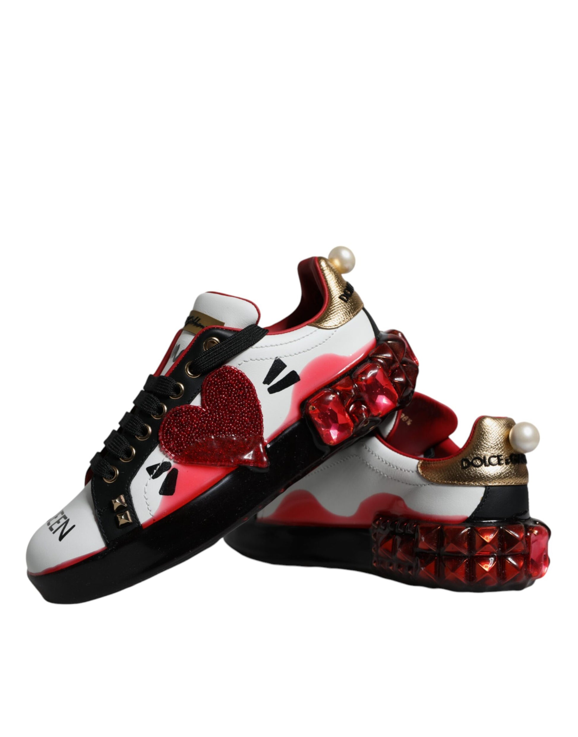 White Red Crystals Leather Portofino Sneakers Shoes