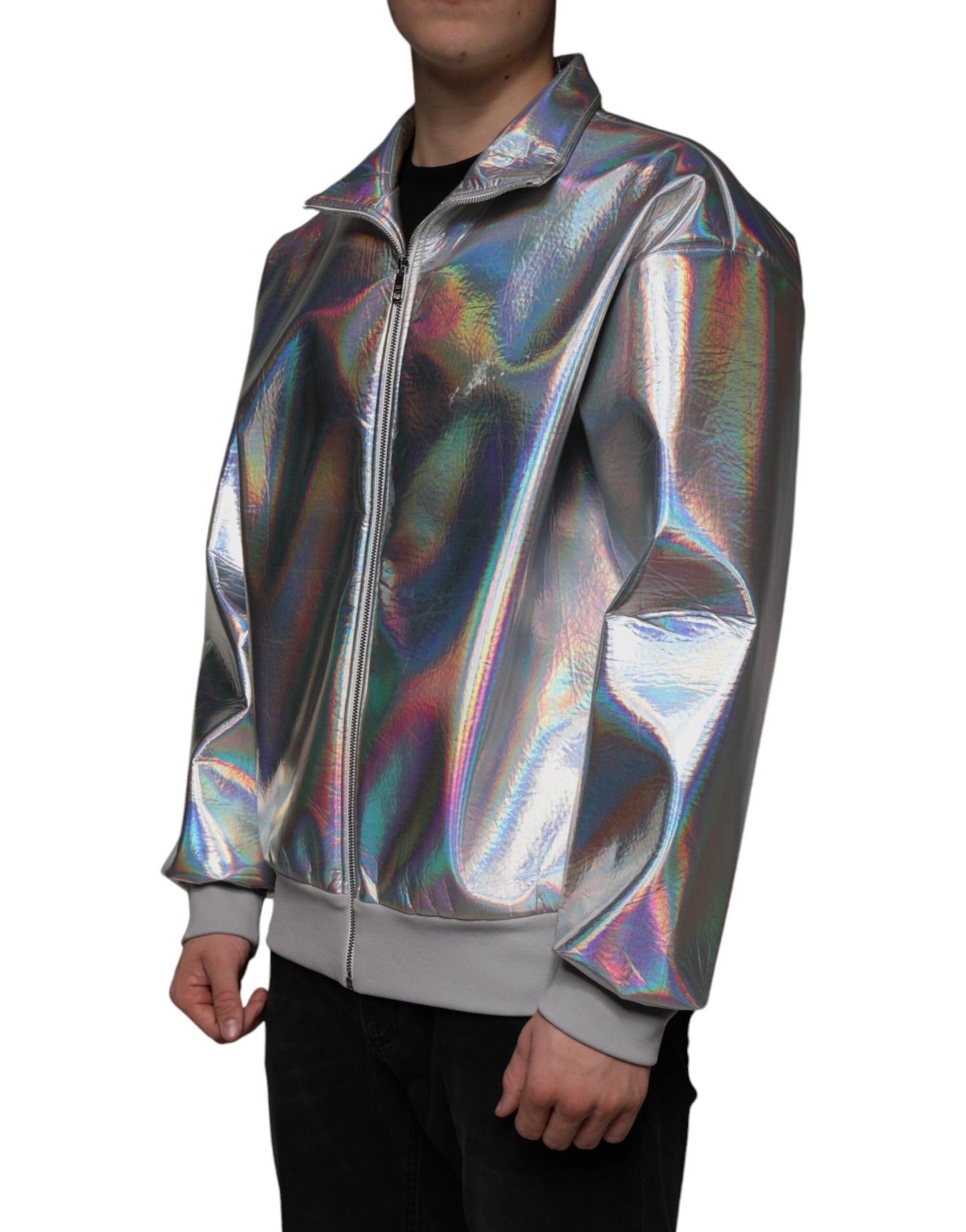 Silver Iridescent Full Zip Men Bomber Jacket