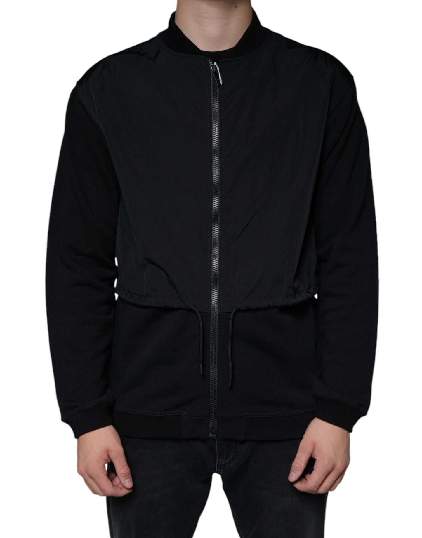 Black Cotton Full Zip Bomber Long Sleeves Jacket