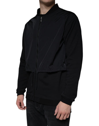 Black Cotton Full Zip Bomber Long Sleeves Jacket