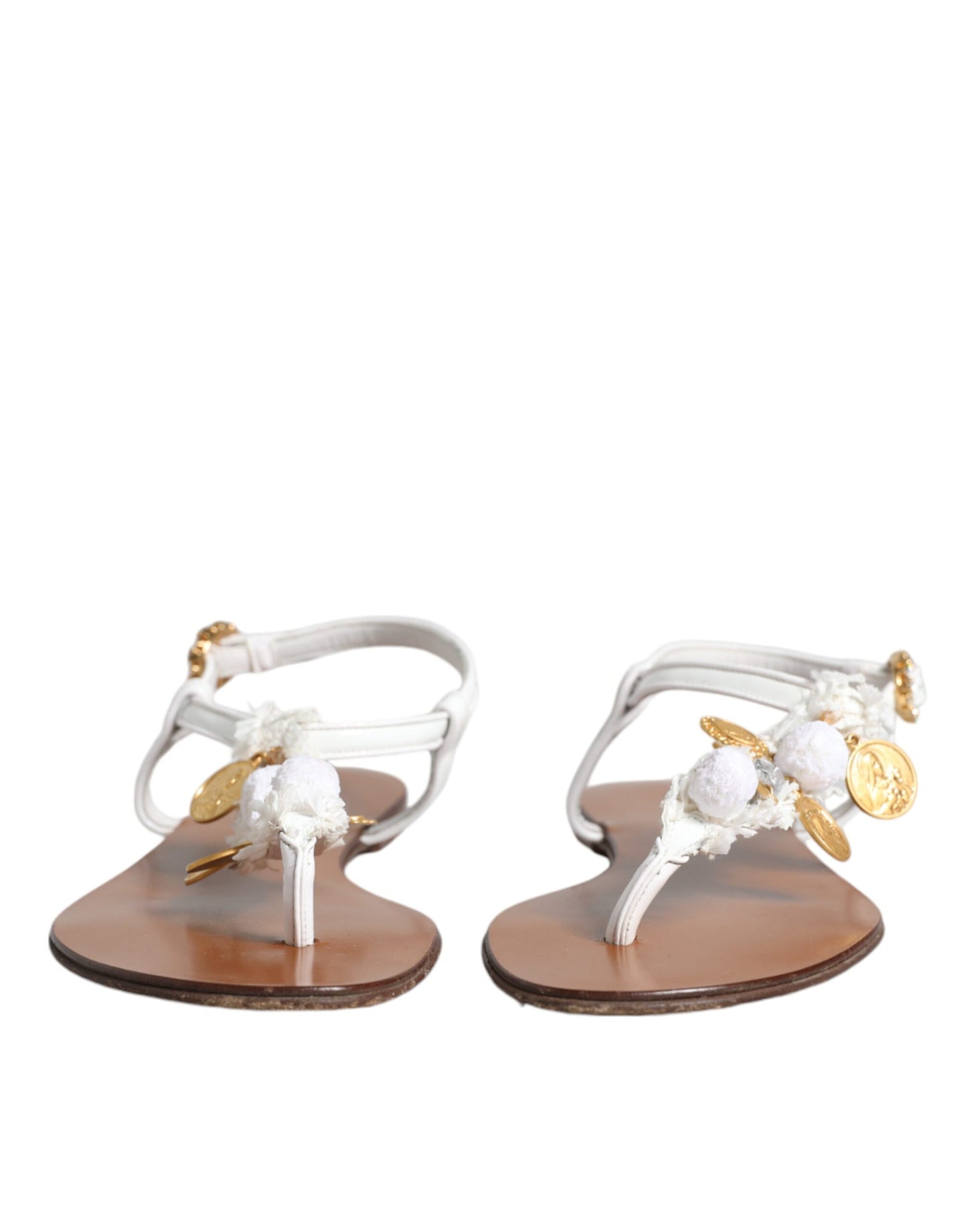 White Leather Coins Flip Flops Sandals Shoes