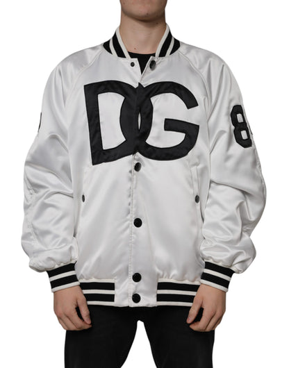 White Polyester Logo Full Zip Bomber Jacket