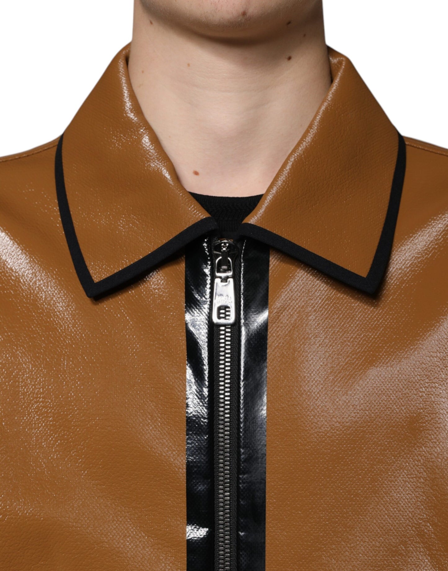 Brown Leather Full Zip Men Bomber Jacket