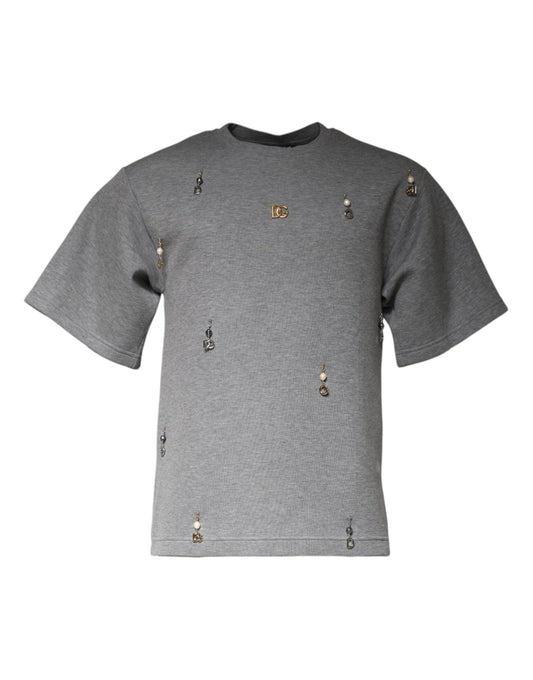 Gray Cotton Blend Embellished Tee T-shirt