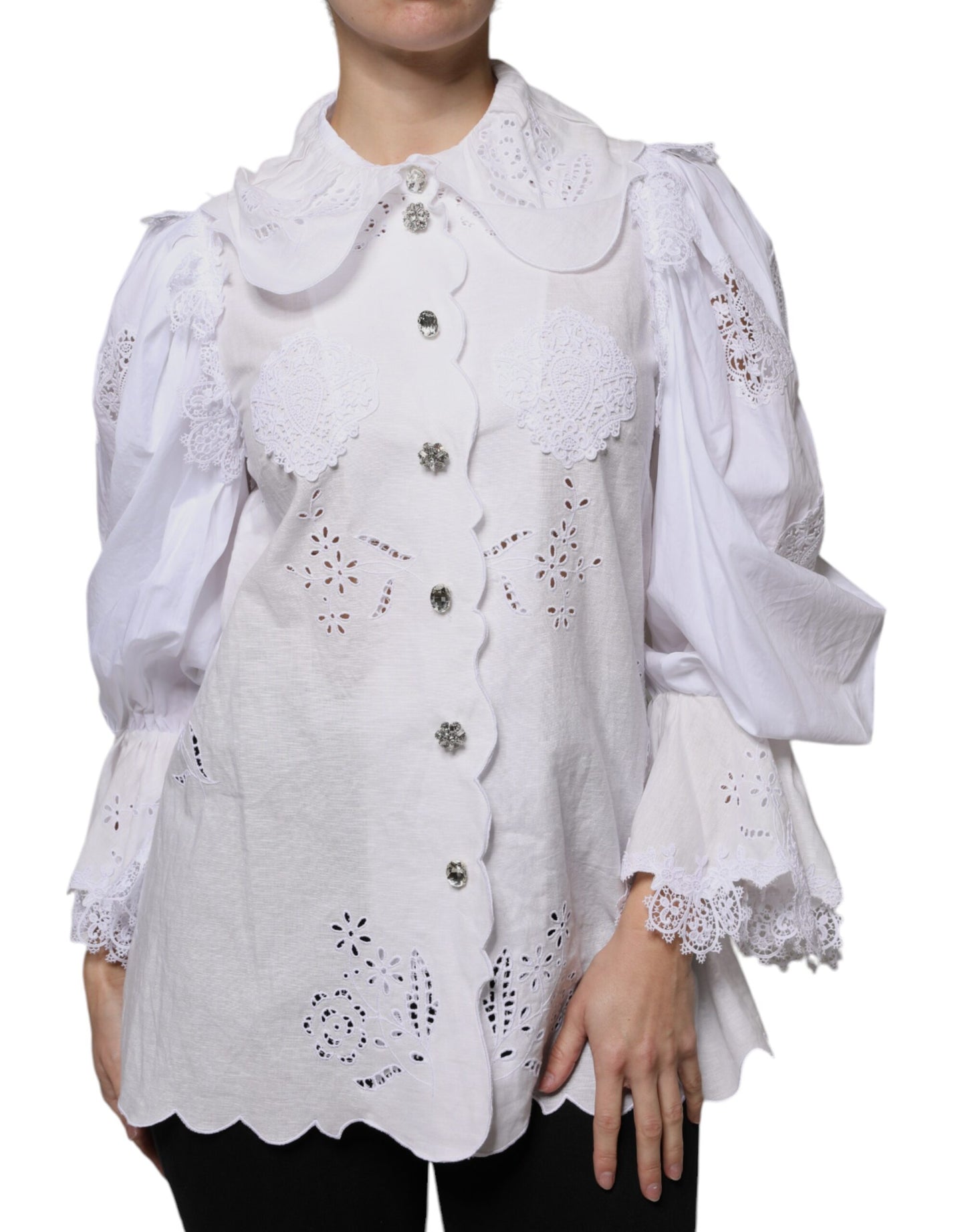 White Cotton Lace Trim Collared Blouse Top